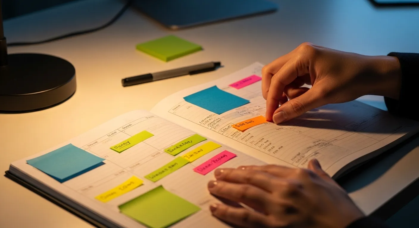 A close-up of hands placing a small colored square on an undated planner grid under warm lamp light.