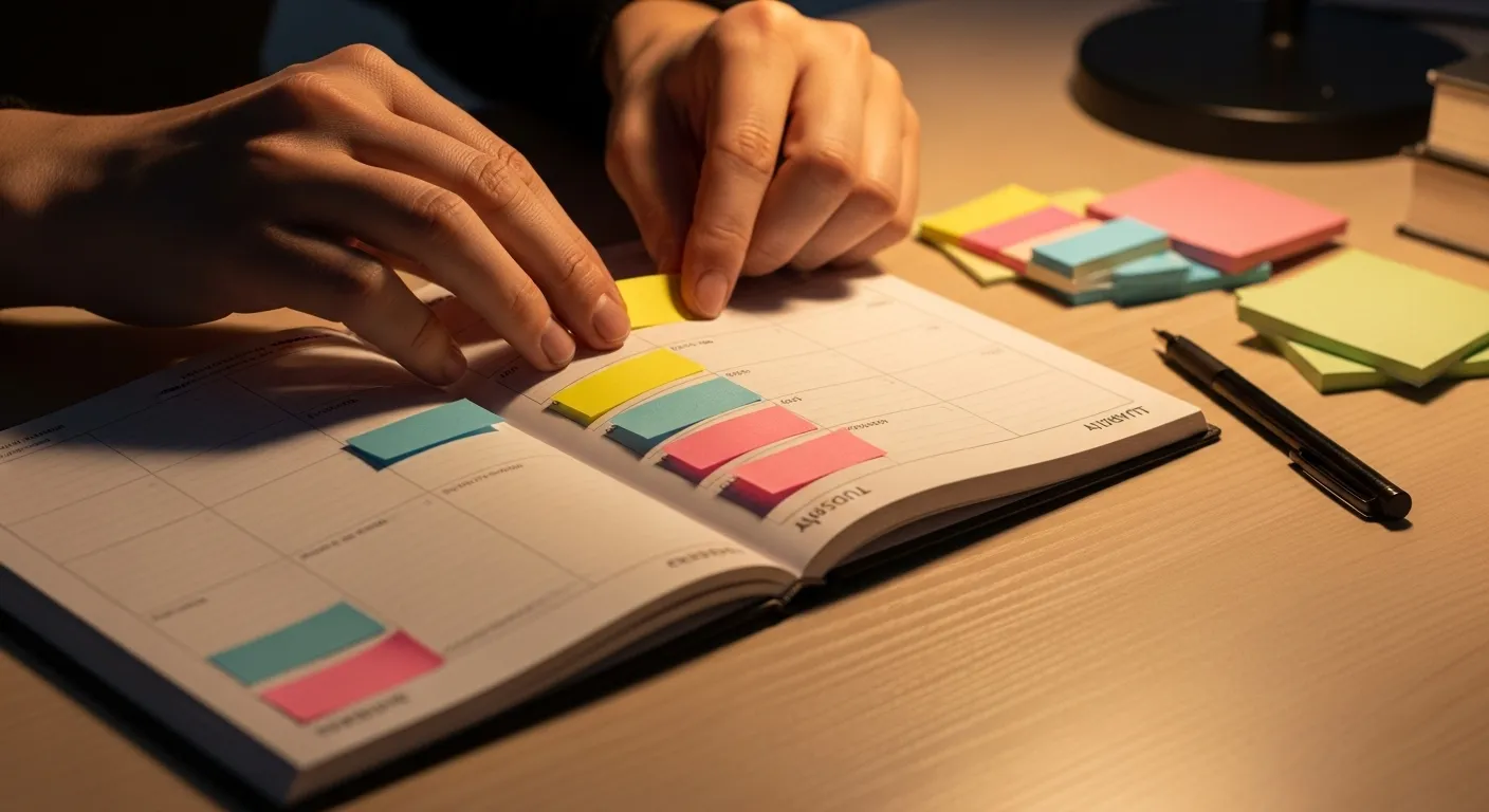 A close-up of a person's hands arranging green, yellow, and blue sticky notes on a blank weekly planner under warm lamplight.