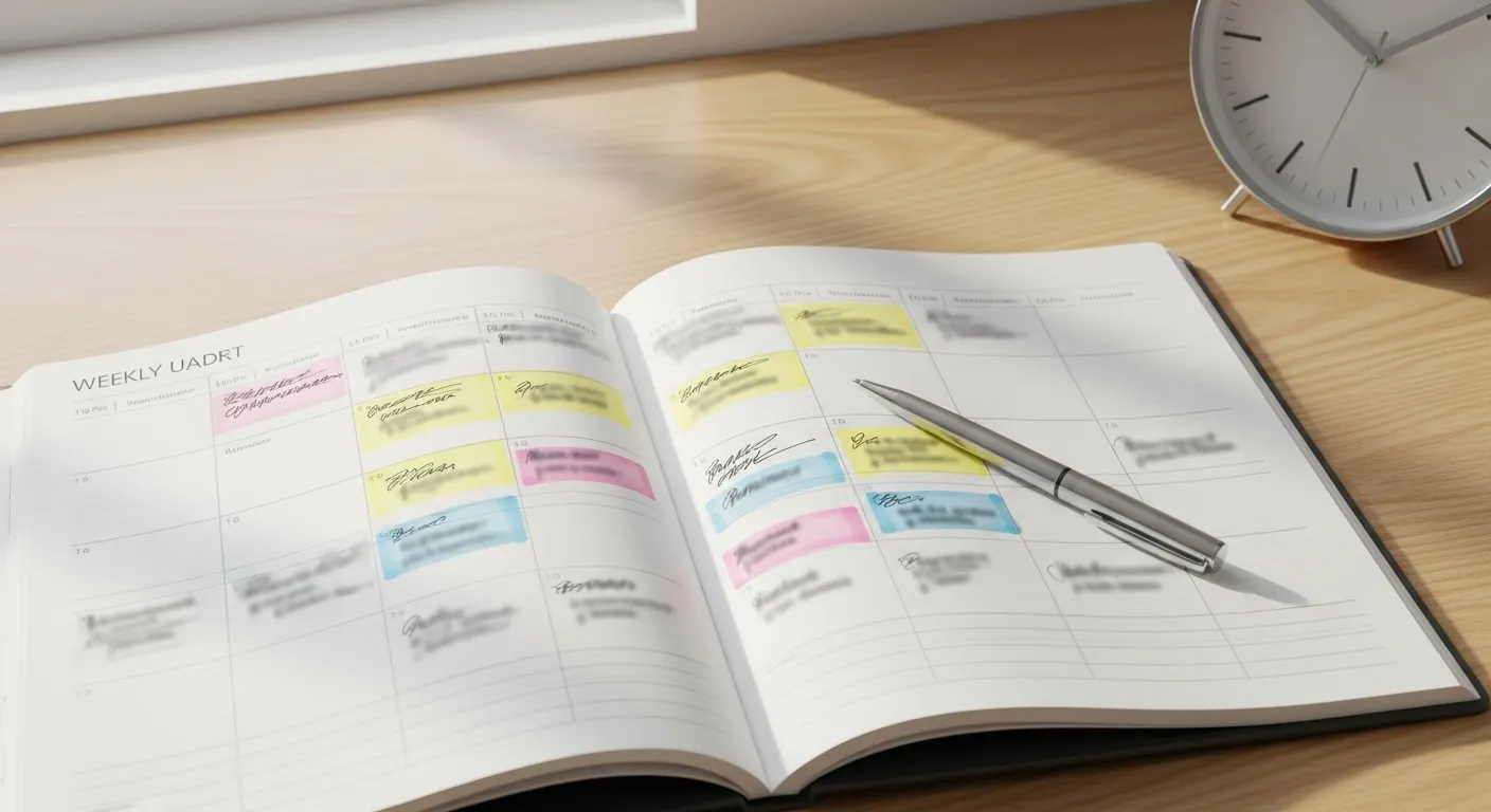 An open weekly planner on a desk with time slots highlighted in different colors. A pen and an analog clock are nearby.