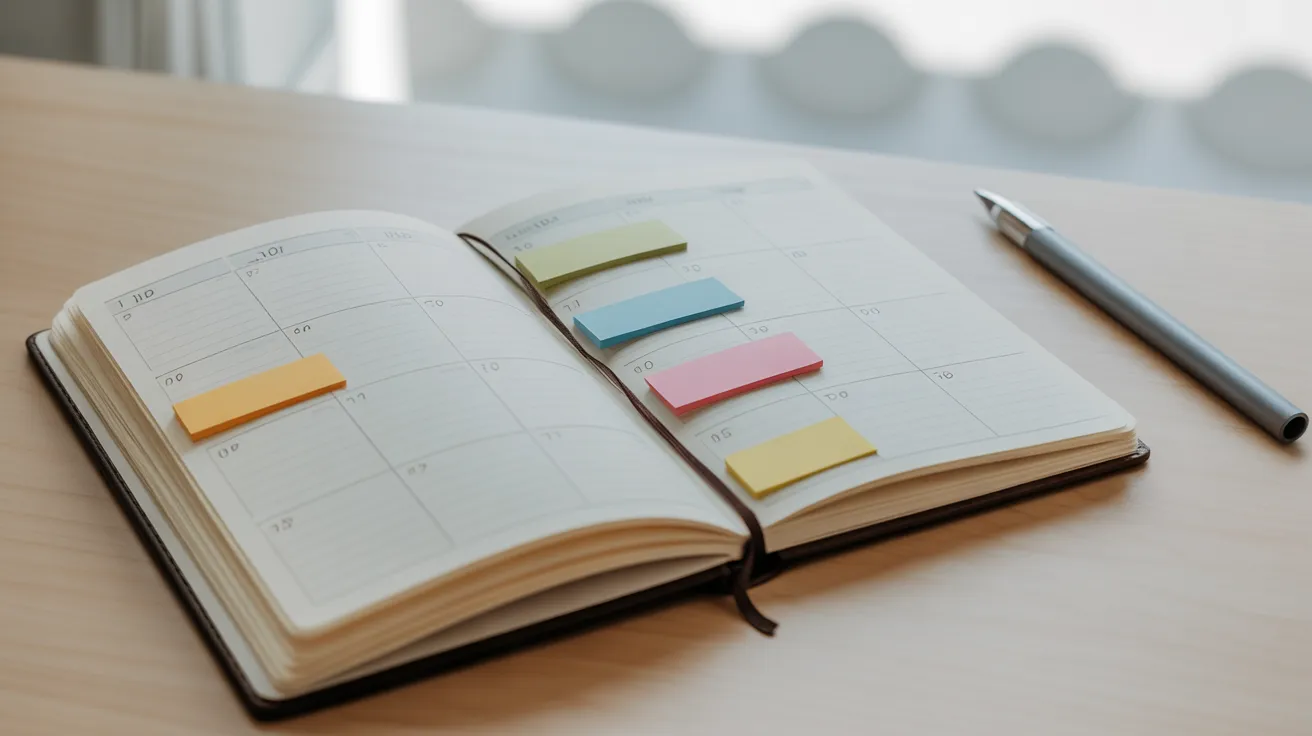An undated weekly planner on a desk with colorful, blank sticky notes arranged inside the day blocks to show a time-blocking schedule.