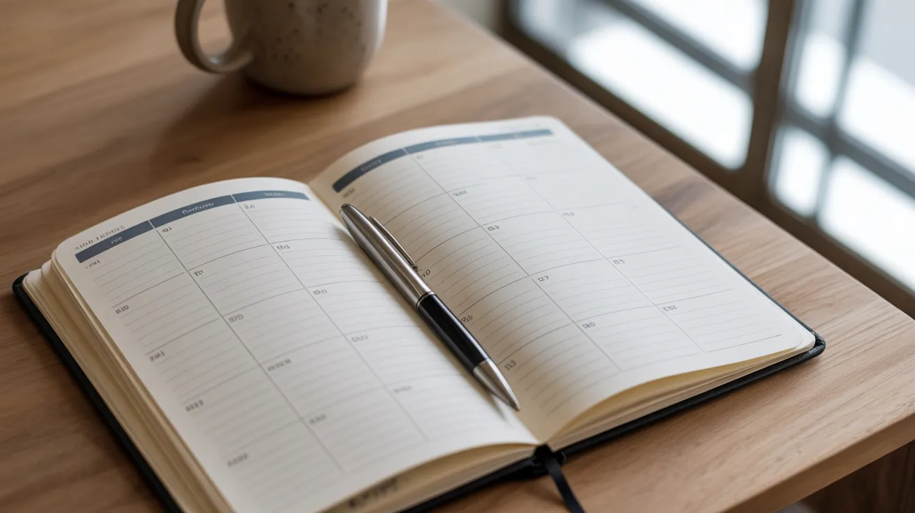 A flat lay of an open weekly planner and a pen on a wooden desk in bright morning light.