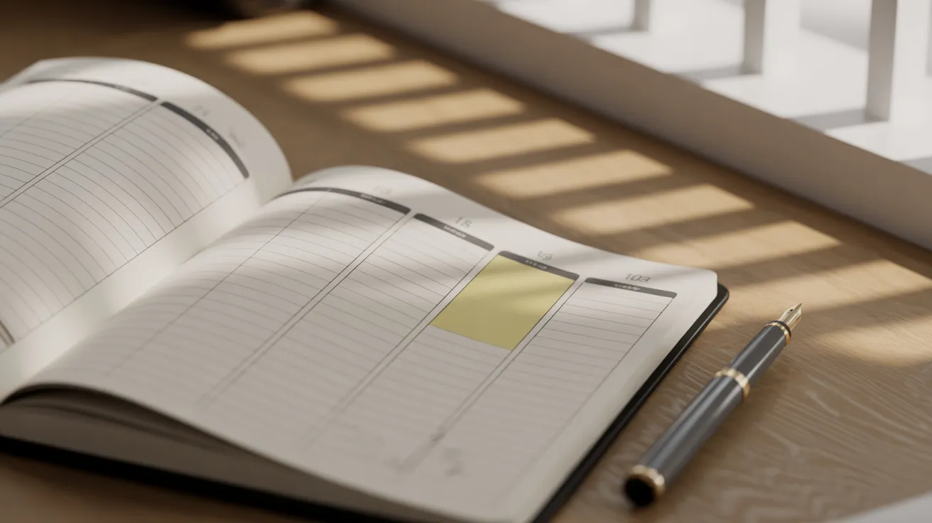 An open weekly planner on a wooden desk, with a single time block highlighted in yellow. A pen lies next to the open page.