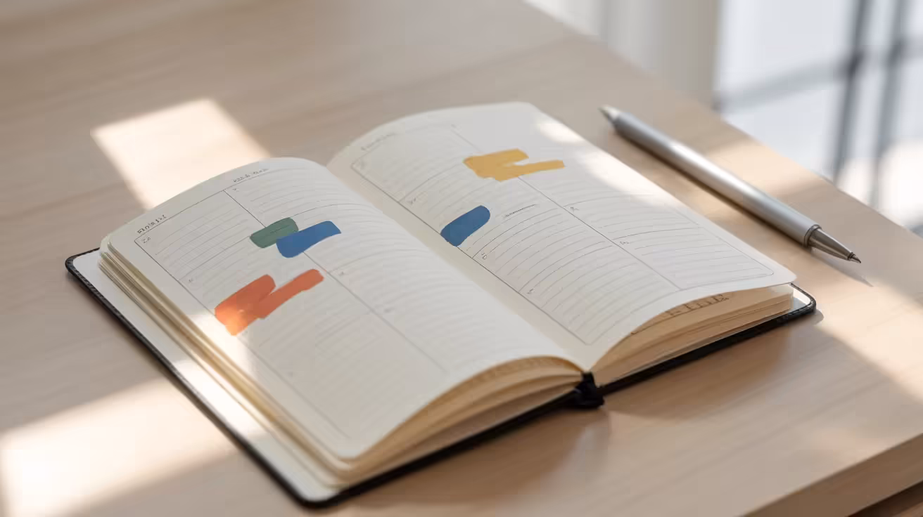 A flat lay of an open weekly planner with abstract color blocks marking time. A black pen lies next to the planner on a wooden surface.