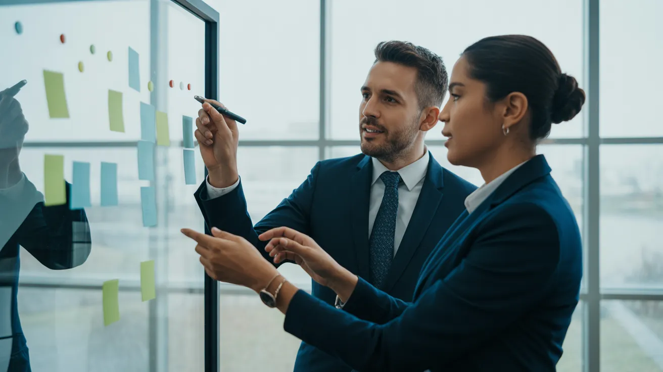 Two colleagues in a bright office collaborating on a time-blocking strategy using a color-coded glass whiteboard.