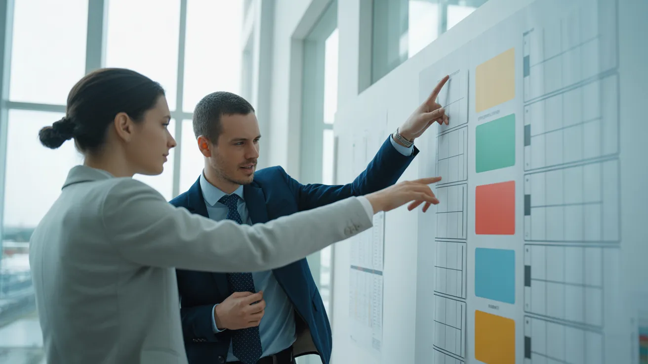 Two colleagues in a contemporary office stand before a wall planner, discussing a schedule represented by colorful, non-textual blocks.