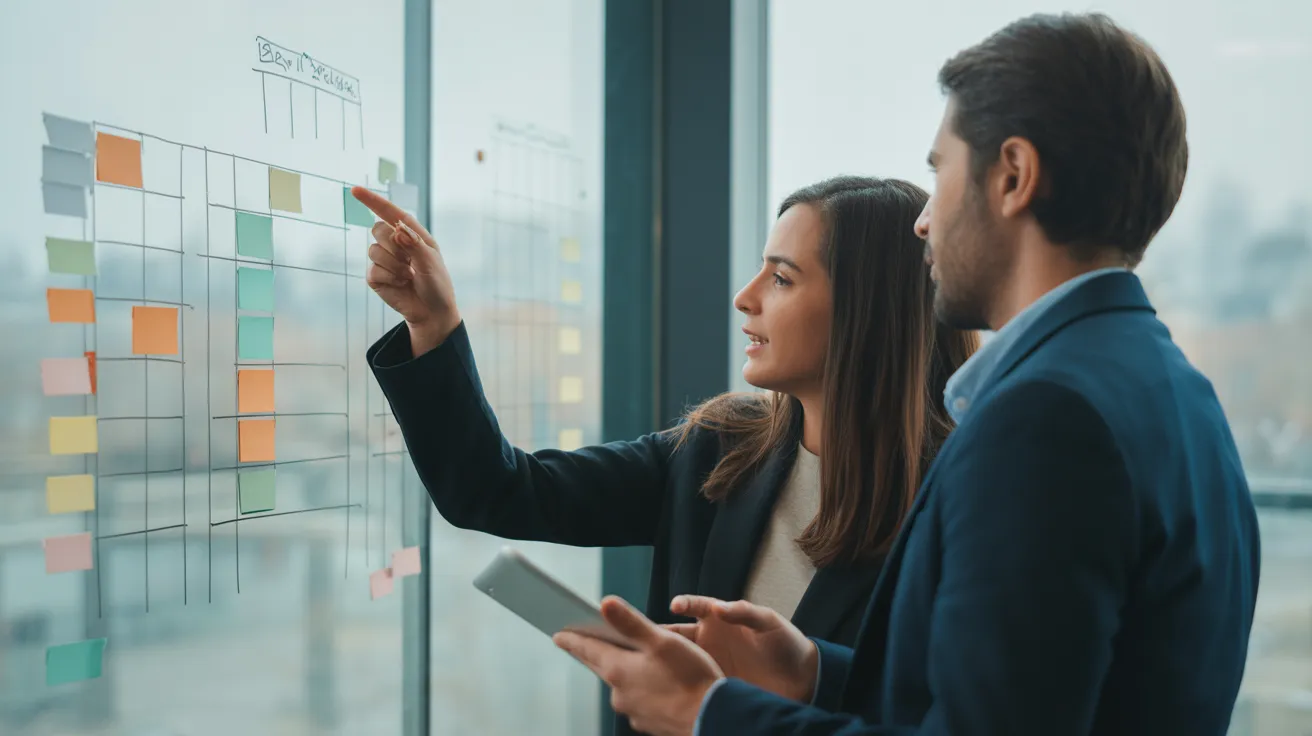 Two colleagues in a bright office planning a weekly schedule on a glass whiteboard filled with abstract colored blocks representing time slots.