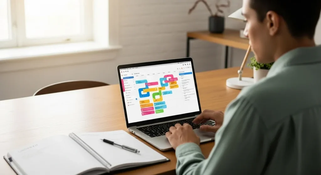 A person seen from behind, organizing a colorful but unreadable weekly calendar on a laptop screen in a sunlit home office.