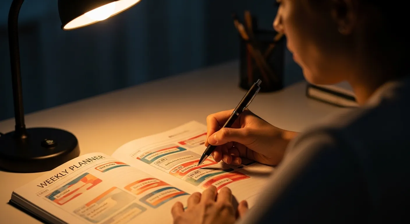 A close-up of a person's hand holding a pen over a weekly planner with color-coded blocks, illuminated by a warm desk lamp at night.