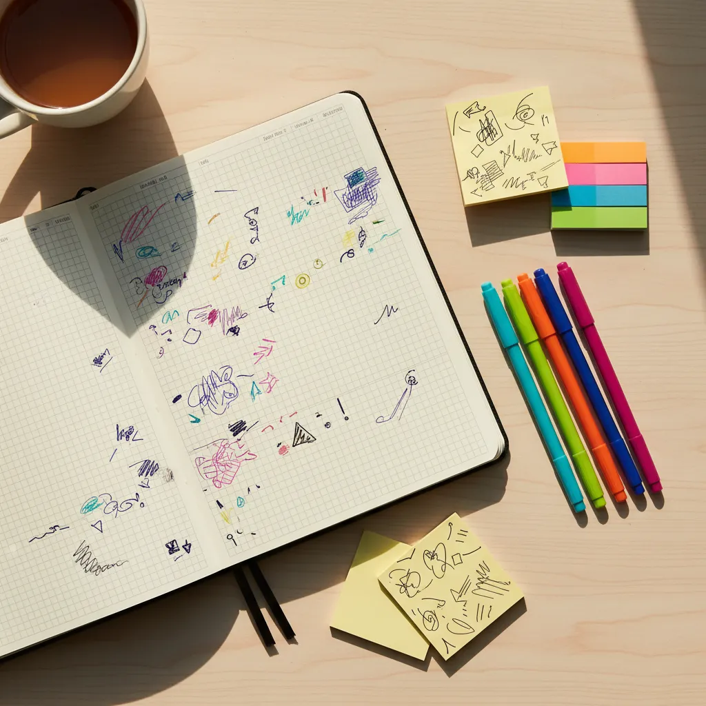 An open weekly planner is shown in a flat lay with colorful pens and sticky notes, representing a color-coded organizational system.