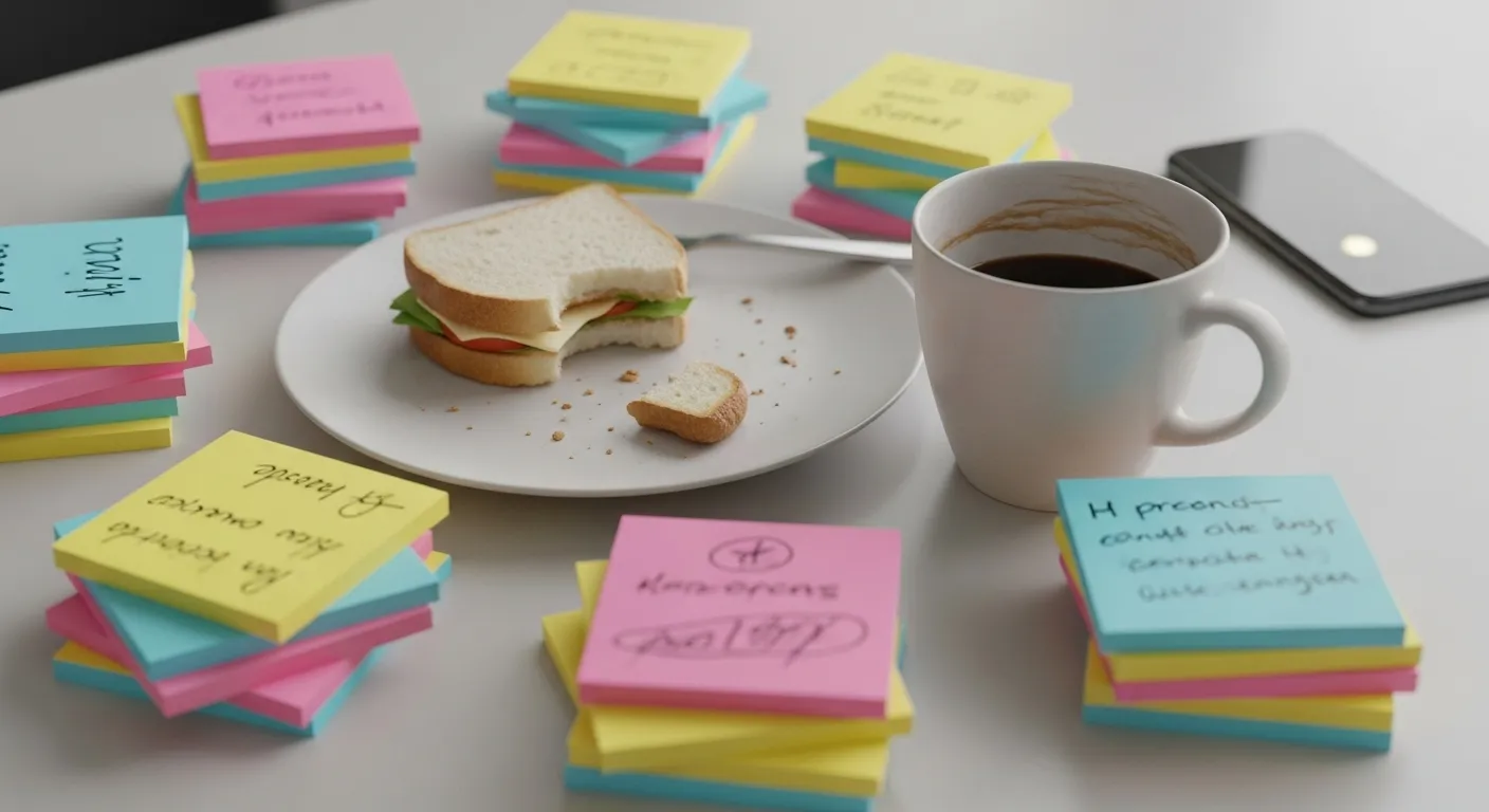 A cluttered office desk with a quick lunch, coffee, and a glowing smartphone, symbolizing a busy but unproductive day.