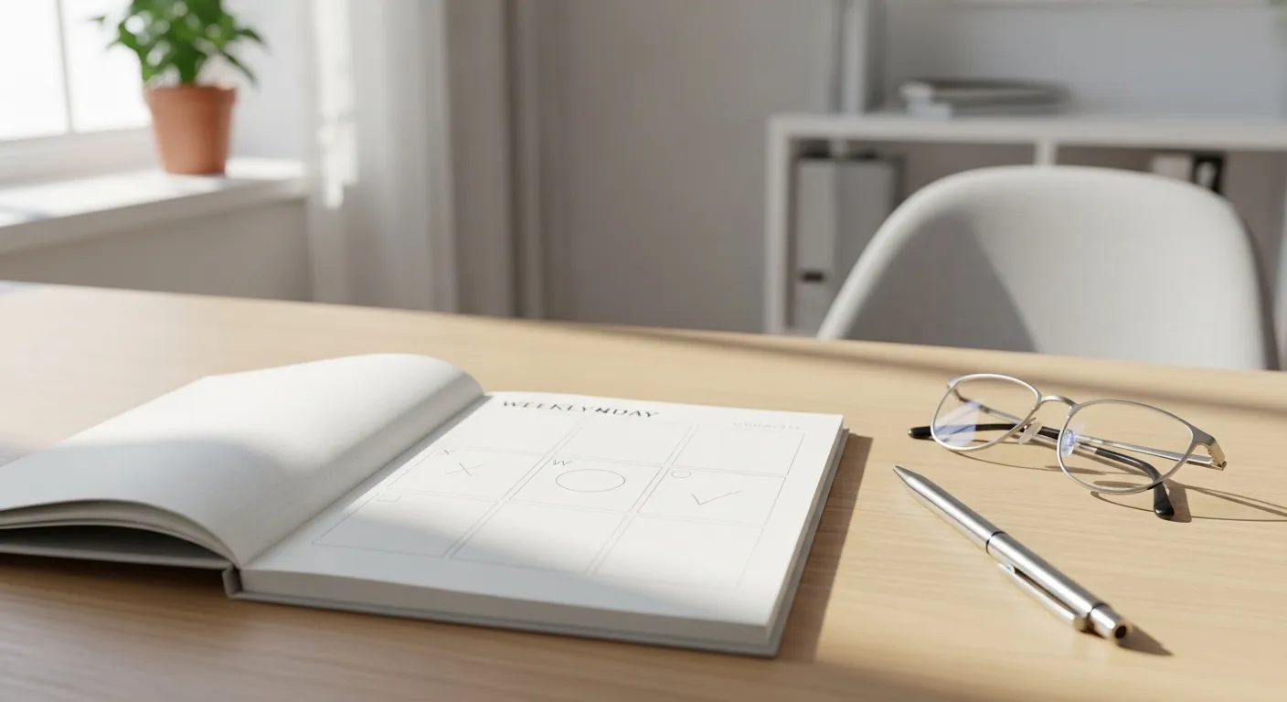 A close-up of an open weekly planner with minimal markings on a clean desk, next to a pen and reading glasses.