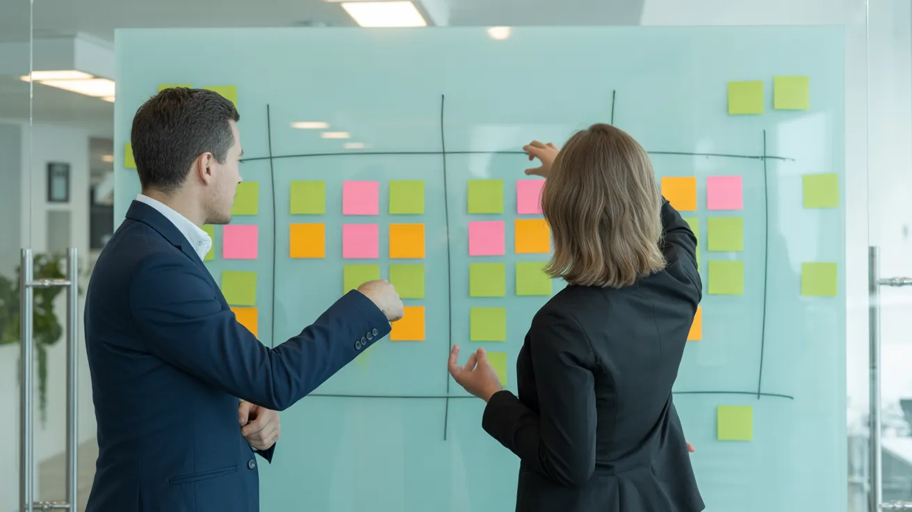 Two colleagues in a modern office brainstorm at a large whiteboard divided into four quadrants filled with colored sticky notes.