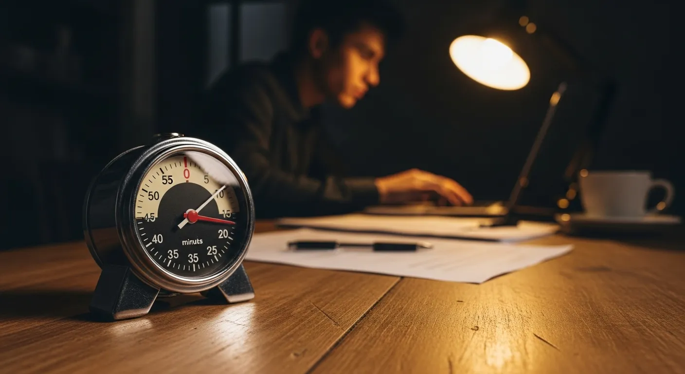 An analog kitchen timer on a desk shows time is running out, with a person working late in the softly lit background.