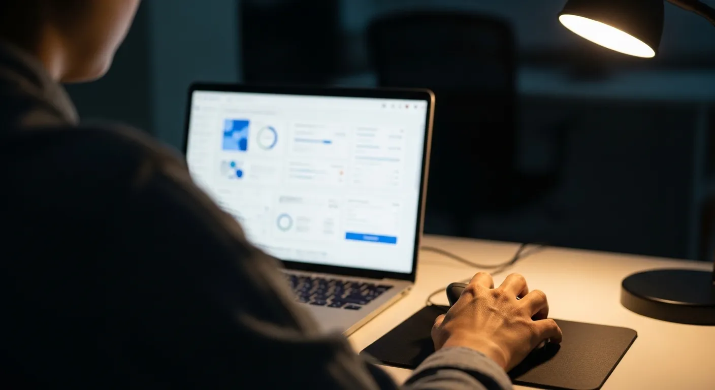 Close-up of a person's hand on a computer mouse, with a blurred project management interface visible on the screen in a softly lit room.