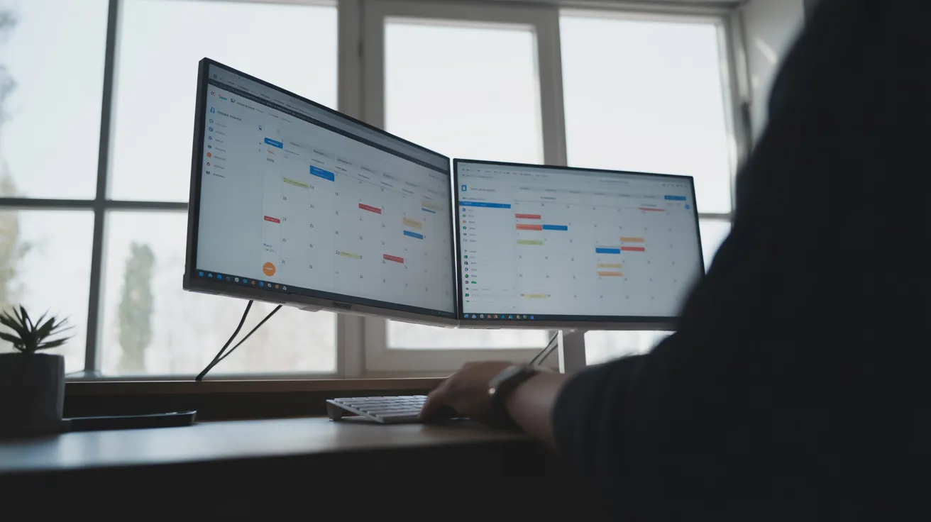 A person works at a dual-monitor computer in an office, backlit by a window. One screen displays a blurry color-coded calendar.