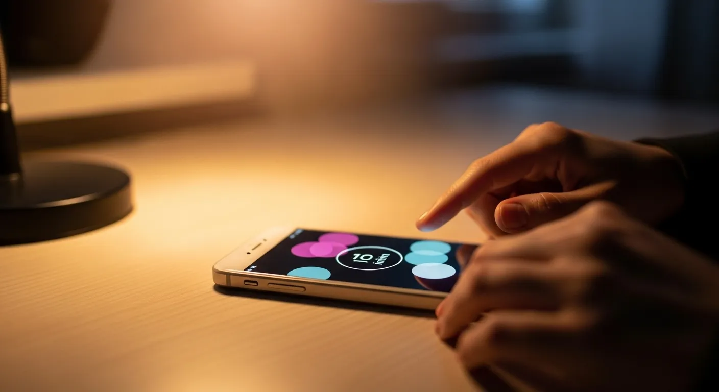 A person's hands hold a smartphone with a glowing, blurred screen on a clean desk under the warm light of a lamp.