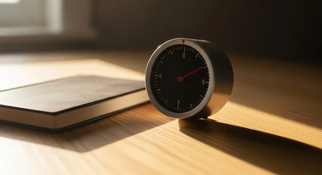 A white analog kitchen timer sits on a wooden desk next to a closed journal, bathed in morning light.