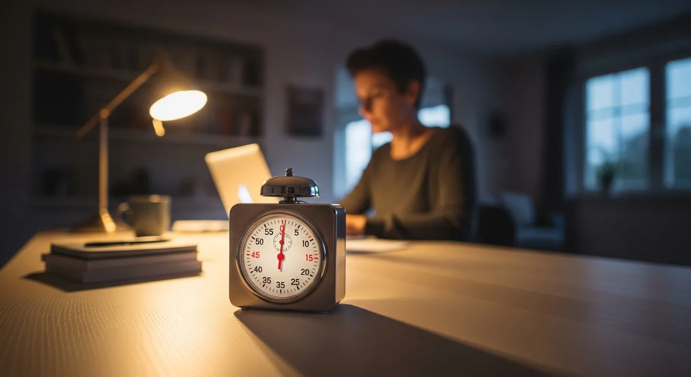 An analog timer on a desk is in sharp focus, while a person works on a laptop in the softly lit background during the evening.