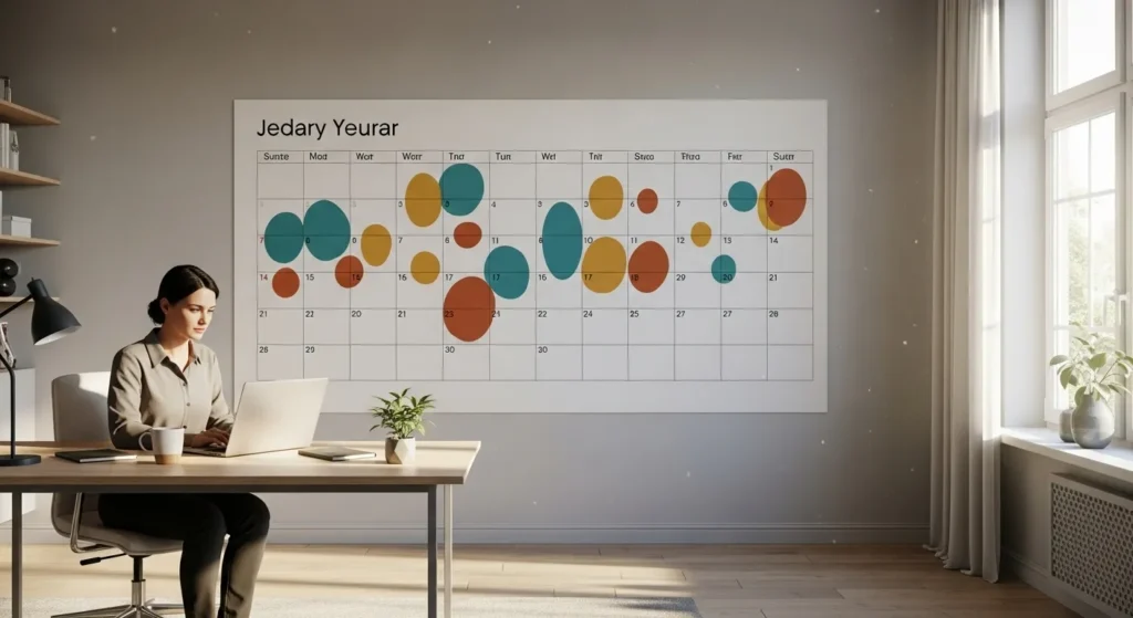 A person works at a desk in a home office with a large, color-coded wall calendar on the wall behind them.