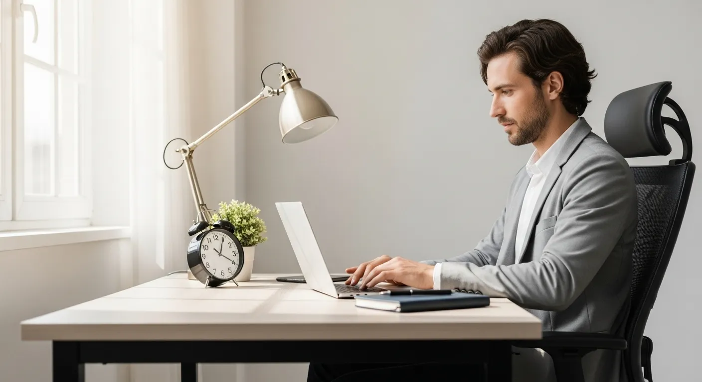 A person sits in profile at a tidy desk in a sunlit room, working on a laptop. An ergonomic chair and organized workspace are visible.
