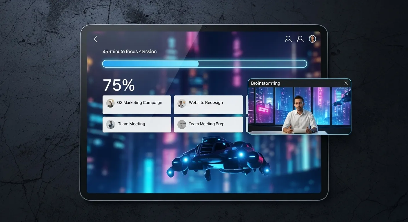 A tablet screen seen from above shows a productivity app with a timer. A small video call in the corner depicts a team meeting at night.