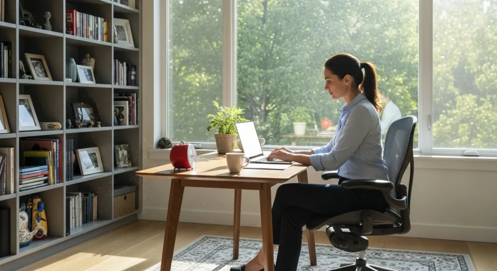 A woman works at a tidy desk in a well-lit home office with a large window. A small analog timer is visible on her desk.