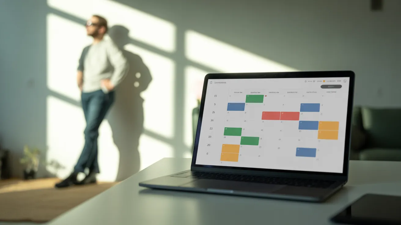 Ultra-wide view of a home office with a laptop showing a block calendar. A person stands by the window in the background, lit by harsh sun.