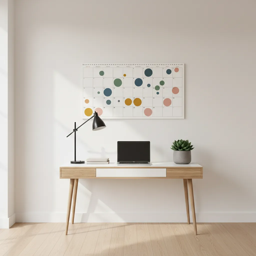 A bright home office with a large, non-legible wall calendar above a tidy desk holding a closed laptop and lamp.