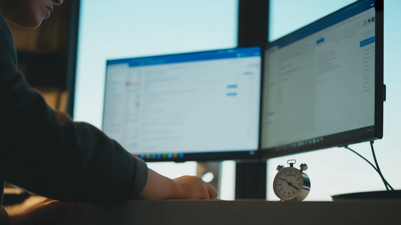 A person works at a computer with two screens, silhouetted against a bright window. A small kitchen timer is on the desk.