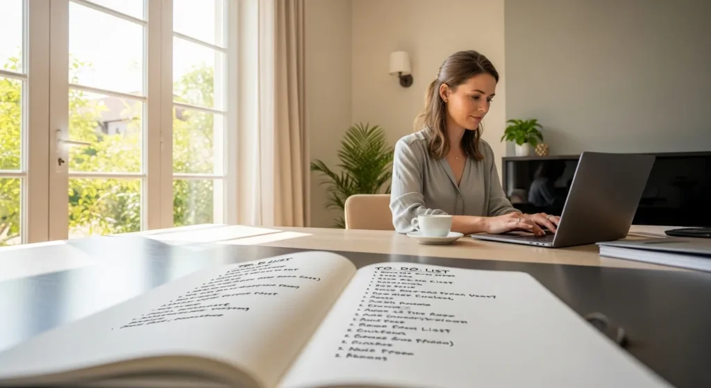 A woman in her 30s works on a laptop at a sunlit desk, with a long, blurry to-do list visible in the foreground.
