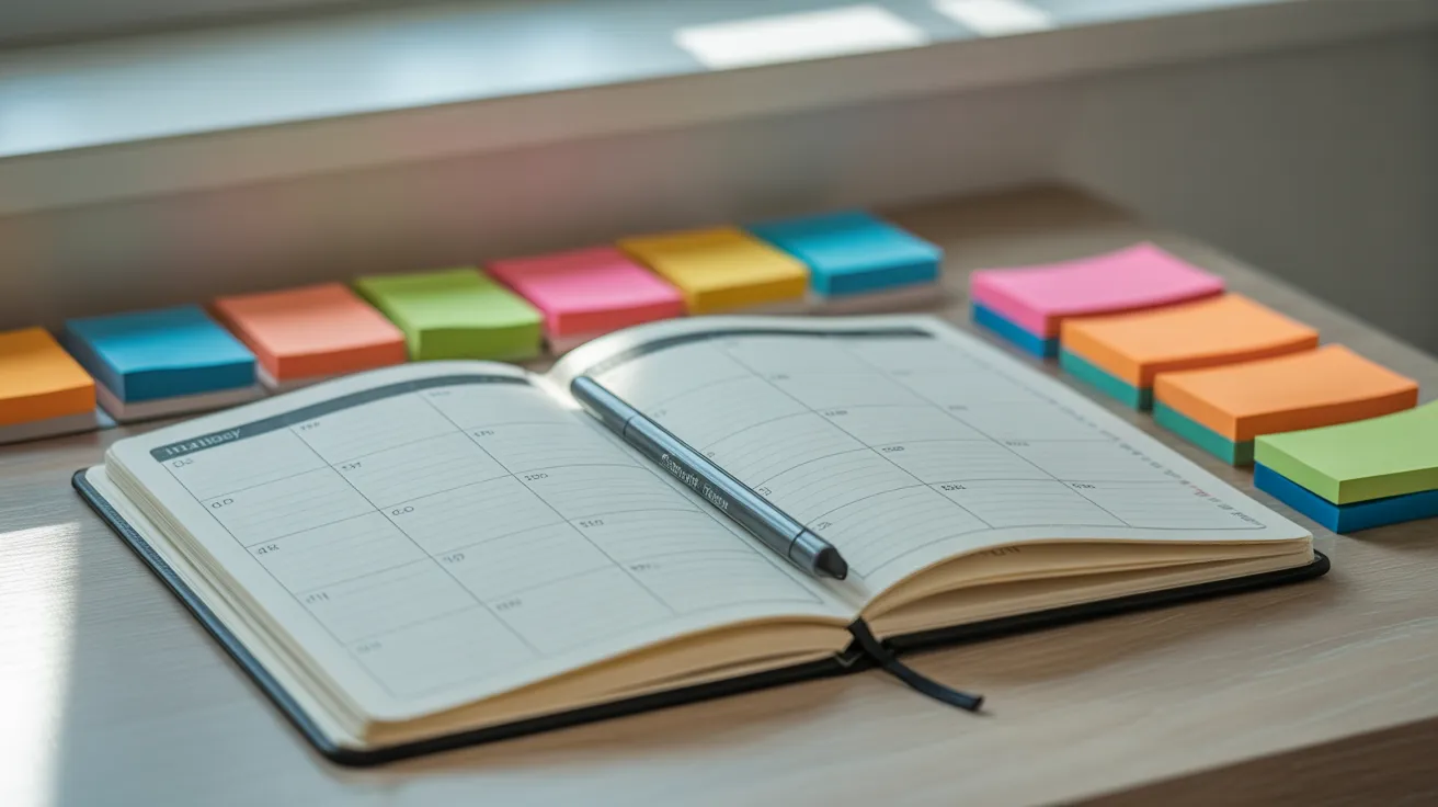 An open weekly planner on a wooden desk with stacks of colorful sticky notes and a pen, seen from above in bright morning light.