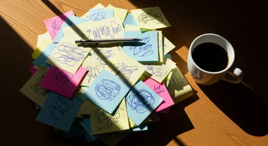 A flat lay of a cluttered desk with a chaotic pile of overlapping blank sticky notes and a coffee mug, symbolizing a feeling of overwhelm.