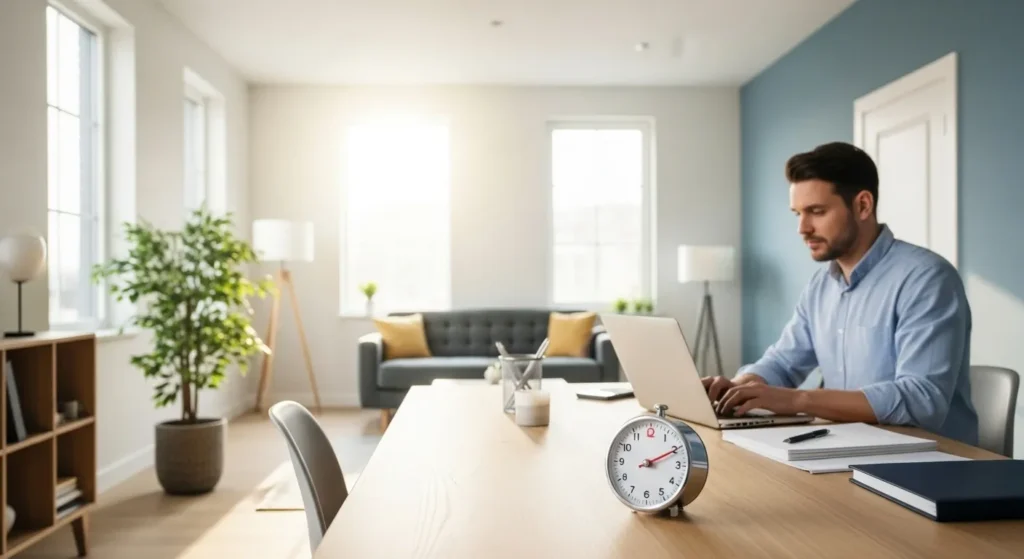 A person works at a laptop in a bright, modern home office. An analog timer is visible on the desk in the foreground.