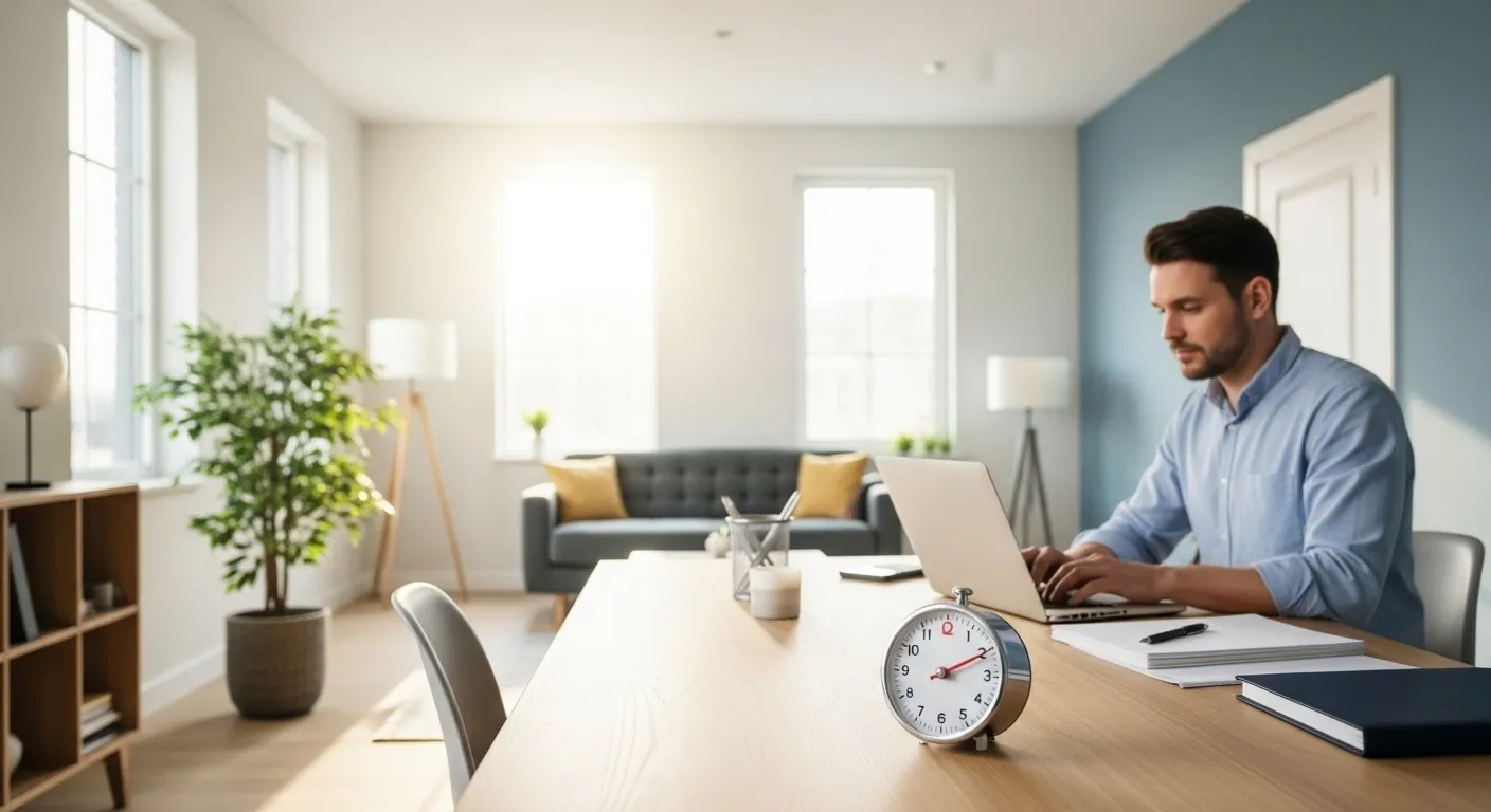 A person works at a laptop in a bright, modern home office. An analog timer is visible on the desk in the foreground.