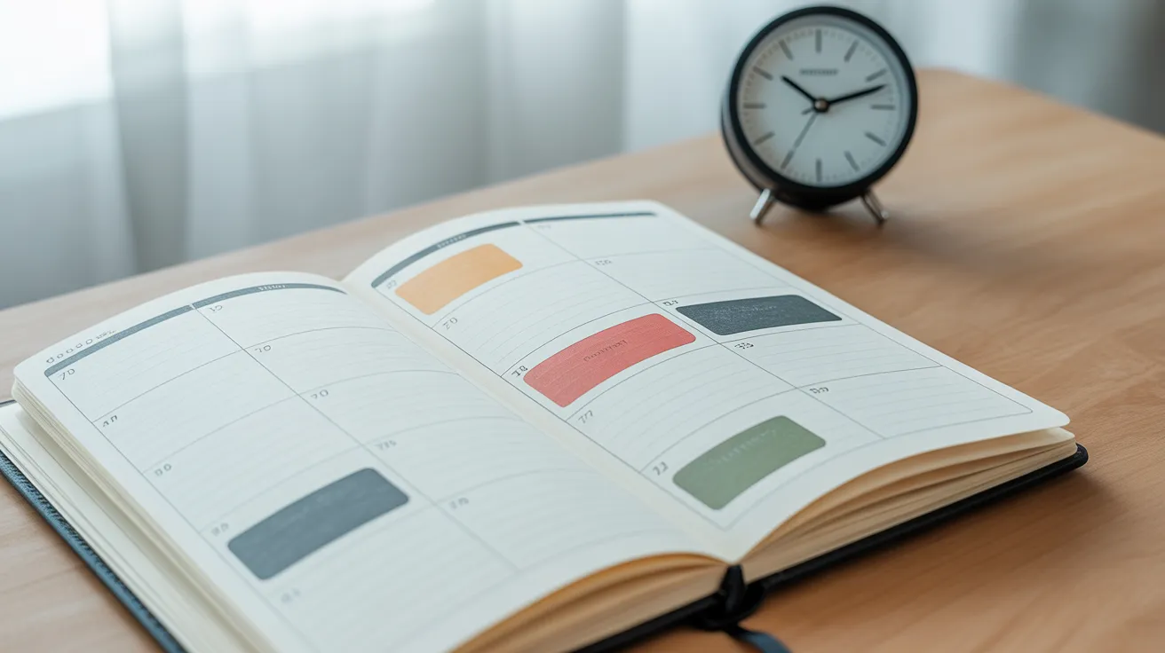 An open weekly planner with colored blocks sits next to an analog clock on a desk, illustrating the concept of time blocking.