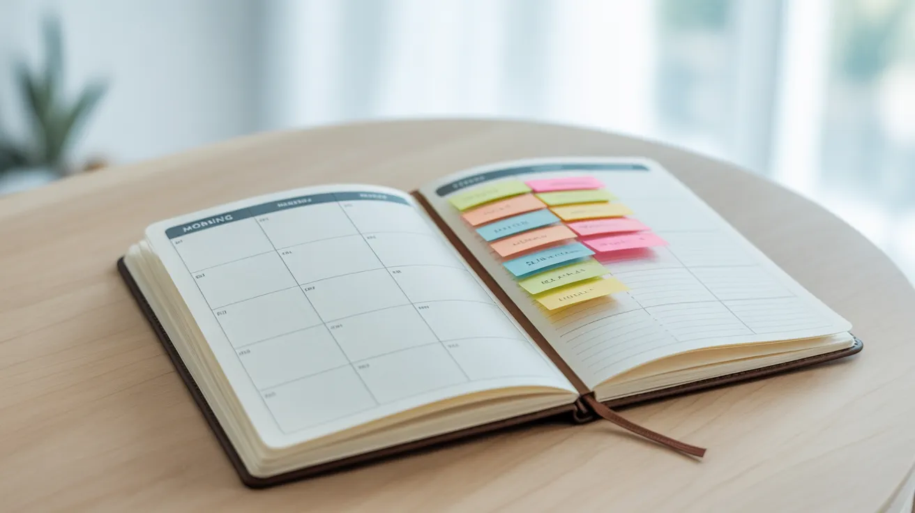 An undated weekly planner with the morning hours empty and the afternoon hours blocked out with a cluster of small colored sticky notes.