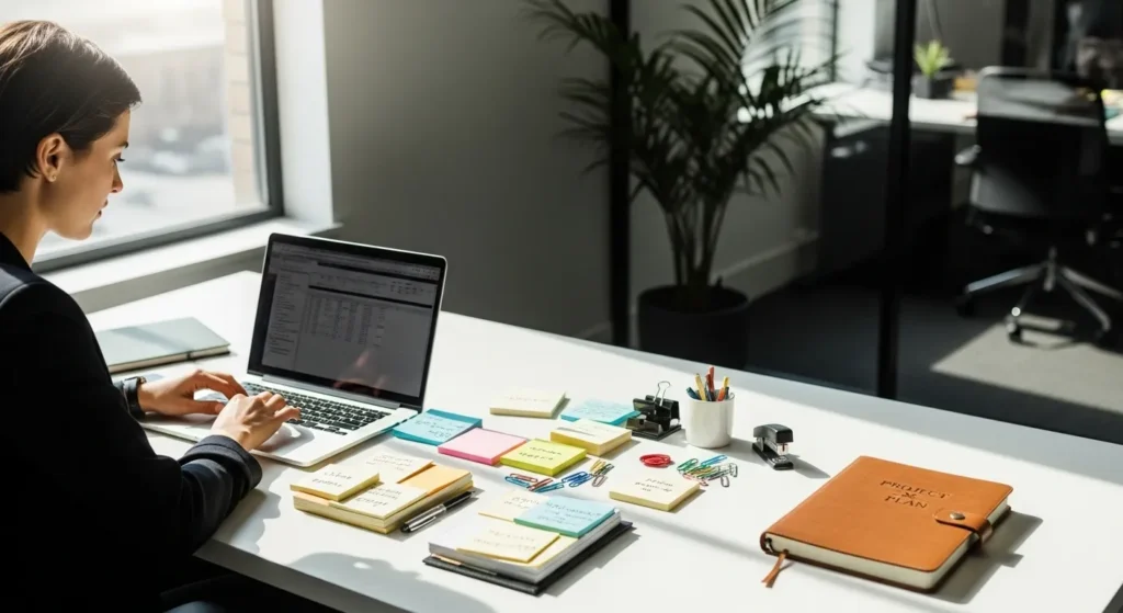 A person at a tidy, sunlit desk works on their laptop, surrounded by small organized tasks, while a larger project notebook lies unopened nearby.