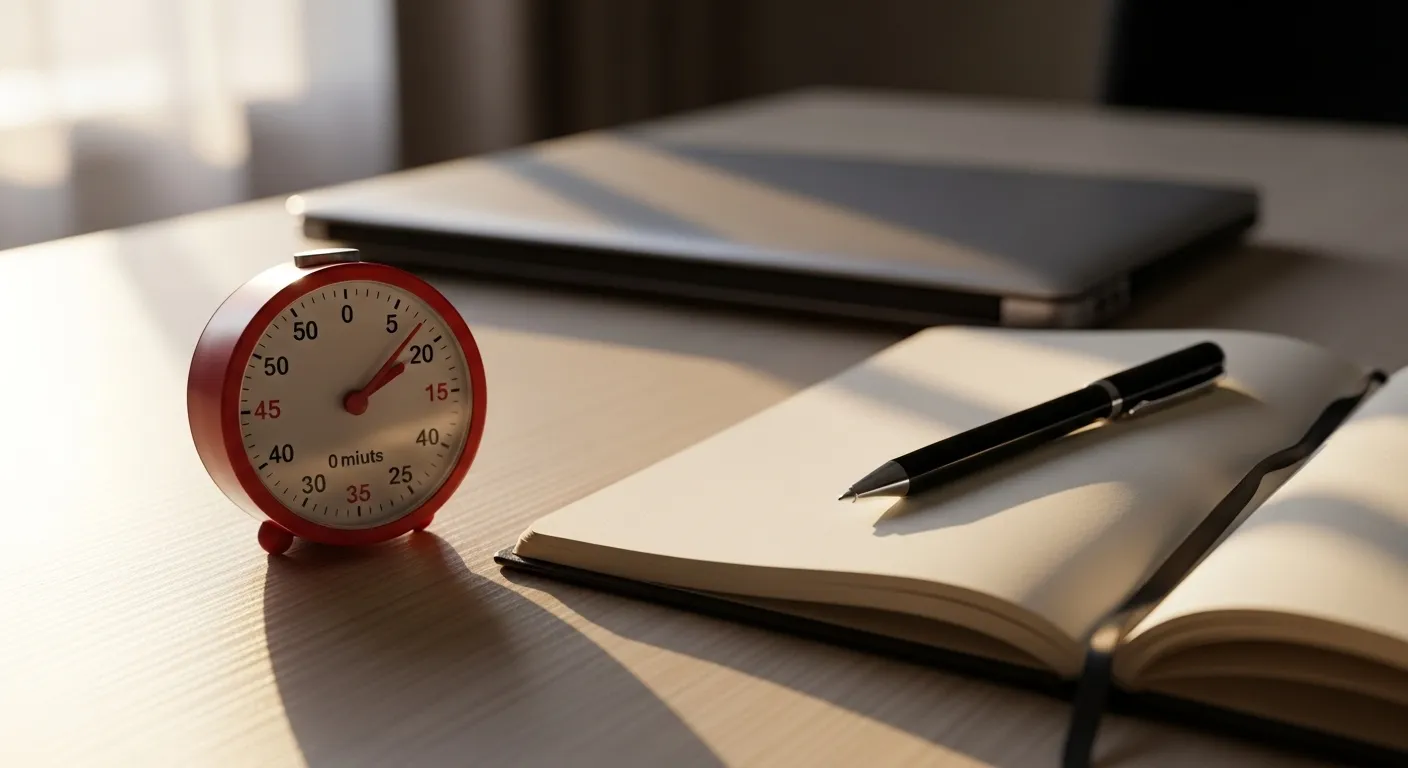 A 15-minute kitchen timer sits on a desk next to an open, empty notebook, ready for a brain dump session at the end of the day.