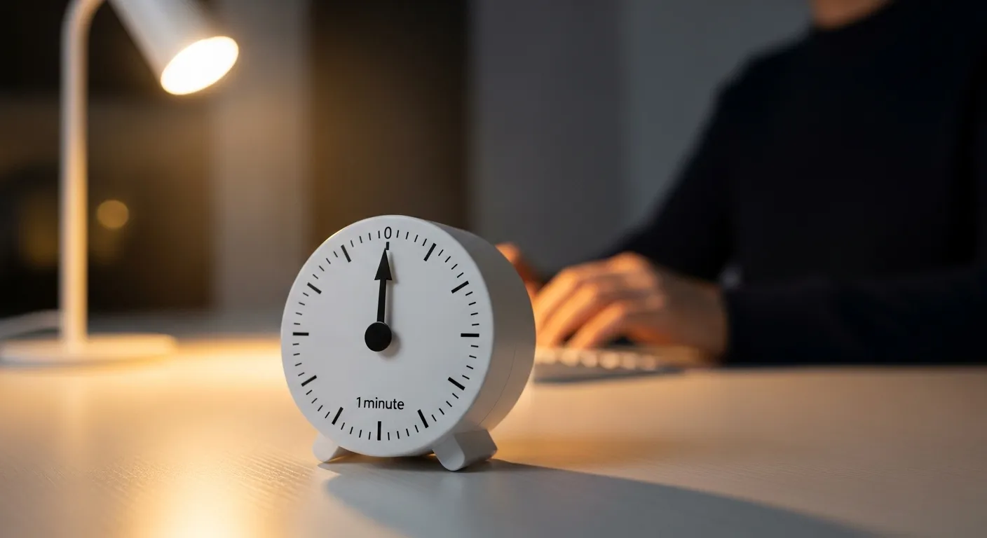 A small white analog timer on a desk, with a person's hands at a keyboard in the background, lit by a warm lamp.