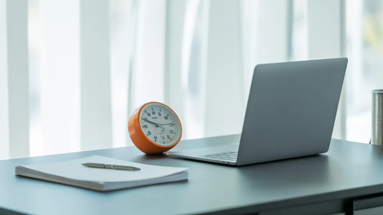 A kitchen timer on a desk next to a closed laptop and a stack of papers, symbolizing a focused work block during a busy day.