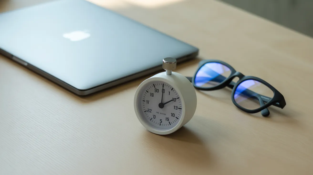 A simple kitchen timer, closed laptop, and blue-light glasses on a desk, representing a timed work break away from a screen.