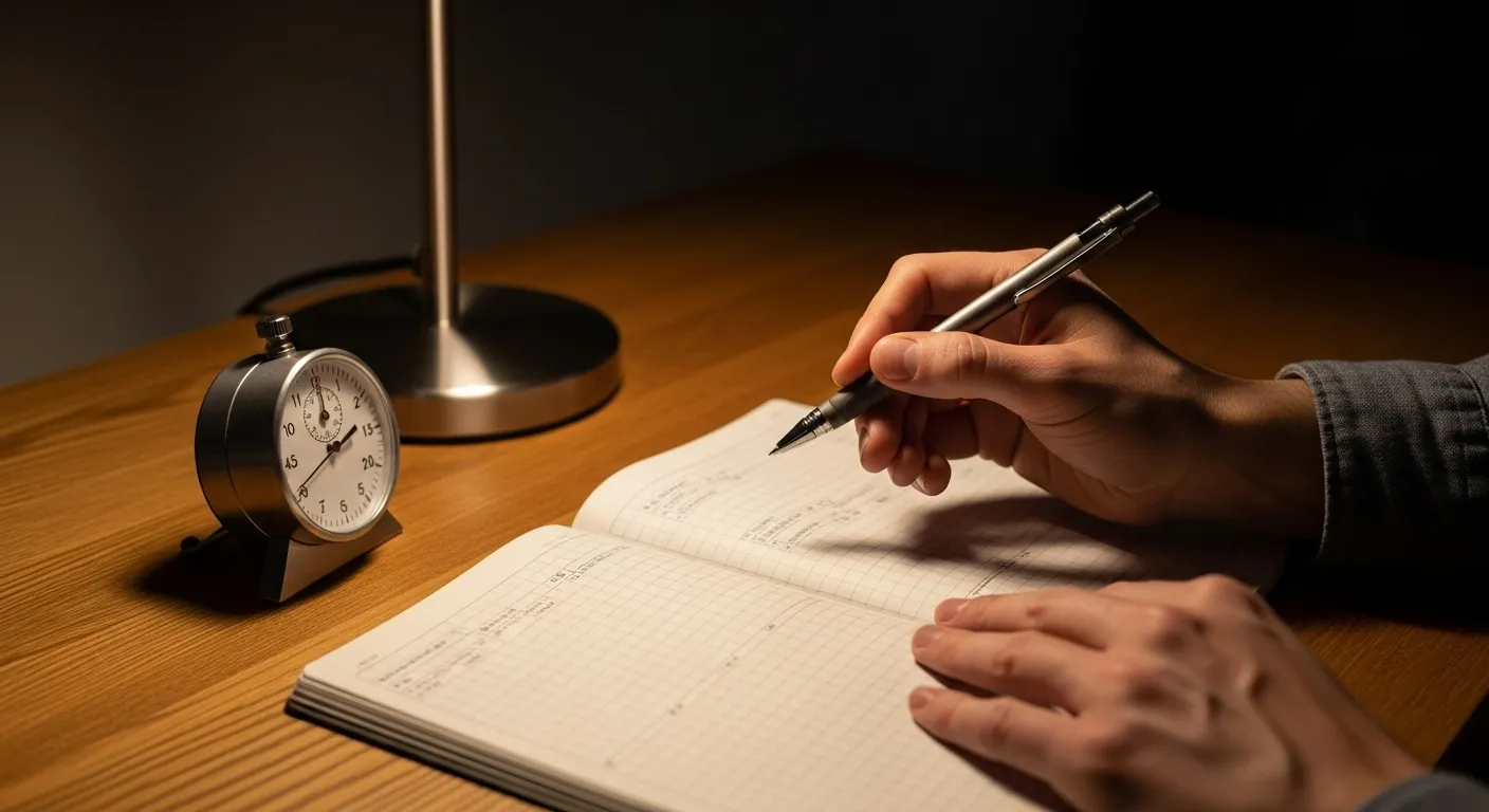 A person's hands at a desk under warm lamplight, with an analog kitchen timer next to an open, gridded notebook.