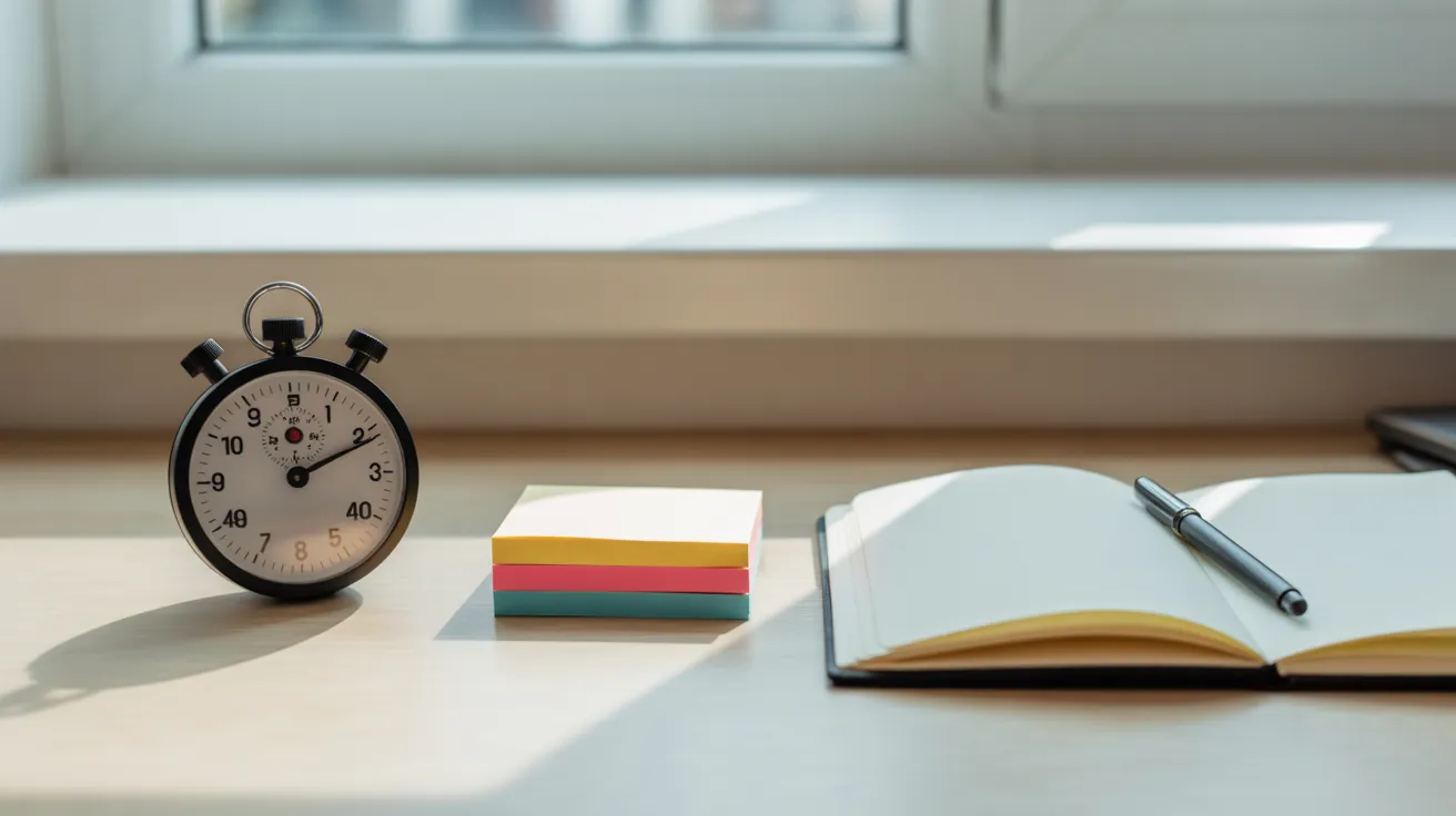 A desk with a blank notebook, a pen, a stack of colored sticky notes, and a small analog timer set for five minutes.