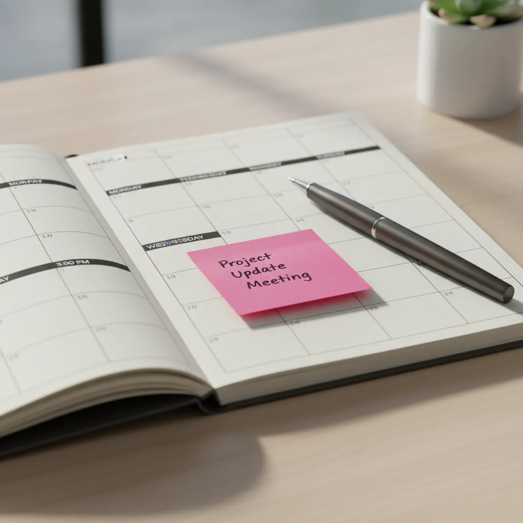 A close-up of a planner where a single sticky note covers a time slot, symbolizing a schedule change.