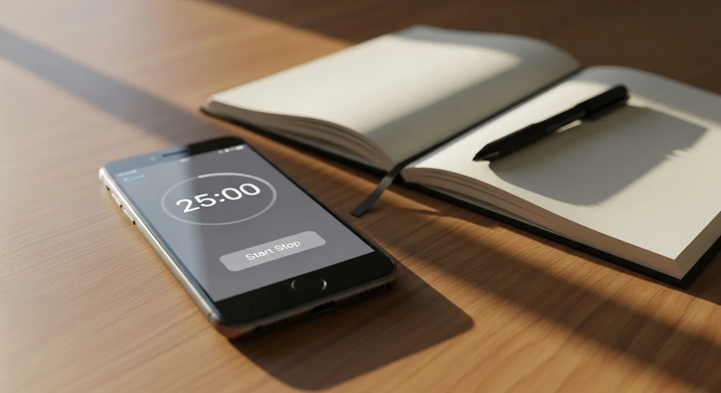 A simple desk setup with a smartphone displaying a timer next to an open notebook, illuminated by morning sunlight.