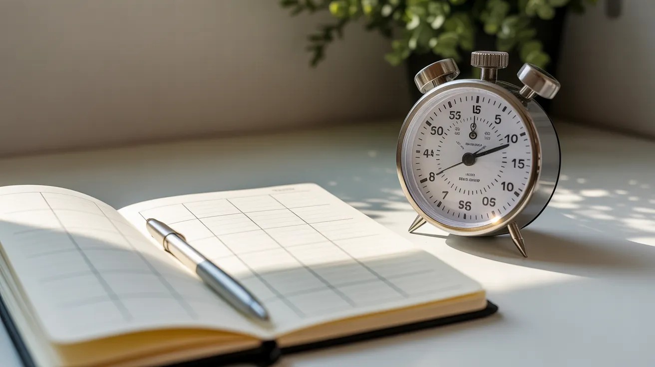 An analog kitchen timer and an open planner with a pen on a clean desk, illuminated by gentle morning light.
