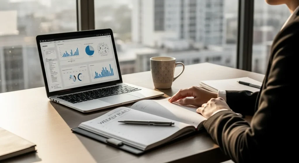 A wide view of a person at a tidy desk with a laptop, planning their week in a notebook during the day.