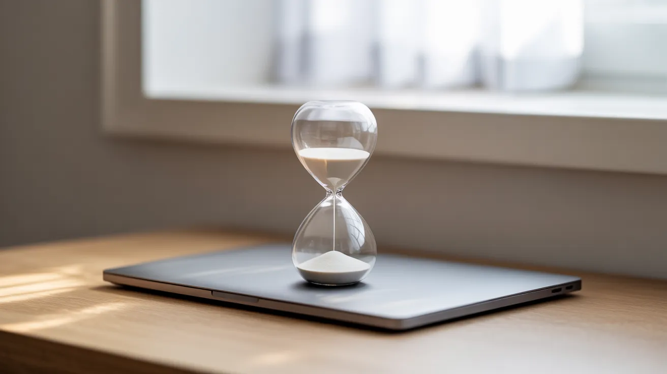 A simple hourglass sits on top of a closed laptop on a wooden desk, symbolizing a break or a block of protected focus time.