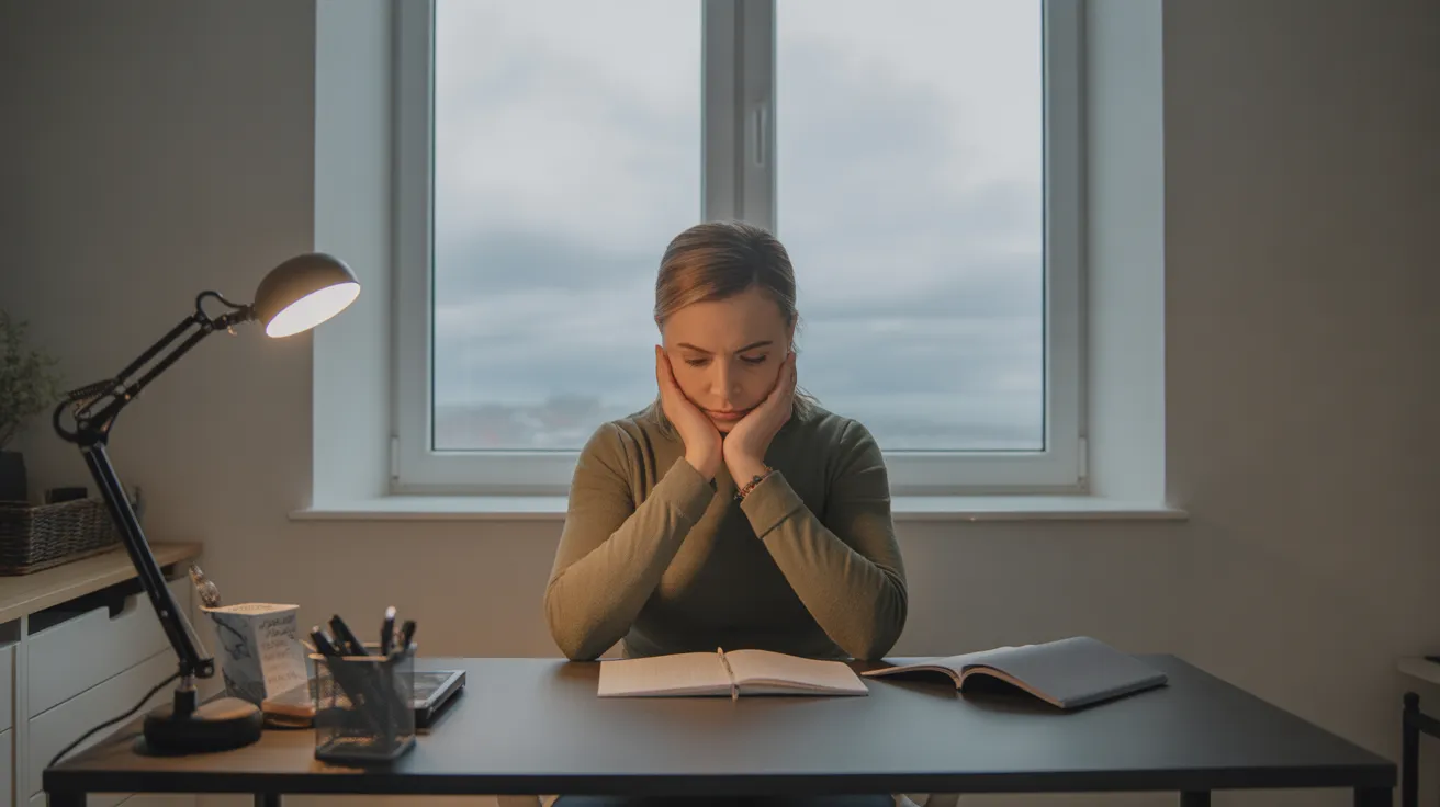 A person sits at a desk in a brightly lit home office, looking at an open notebook. The scene is a wide shot, showing the surrounding workspace.