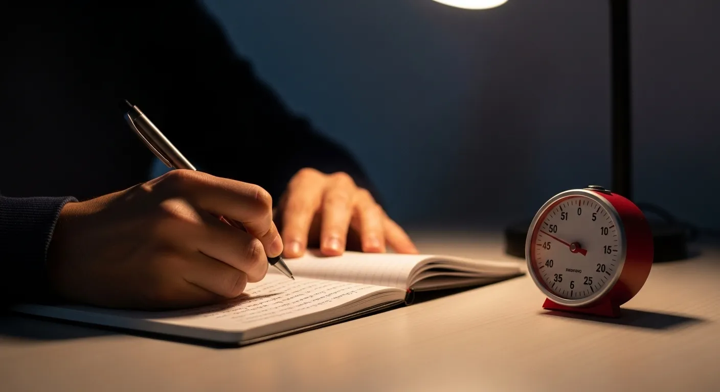 A person's hands write in a notebook on a desk next to a small analog timer, lit by the warm glow of a lamp.